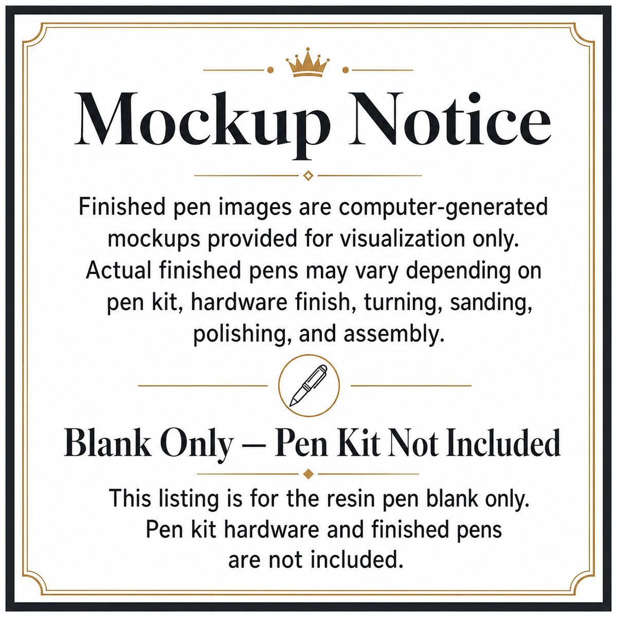 Computer-generated pen mockup notice for Texas Ranger resin pen blank listing