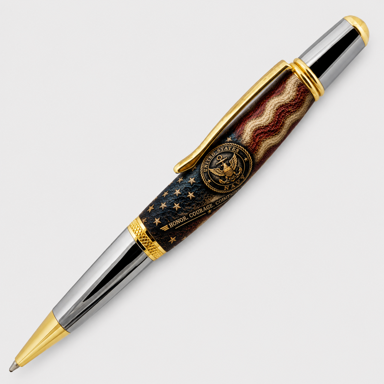 A luxury ballpoint pen with a glossy gunmetal and gold plating, featuring a tribute to US Navy service members