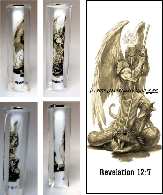 Pen Blank Artist Rendition of Revelation 12:7 Cast Tube In - Archangel Michael as Knight Slaying the Devil