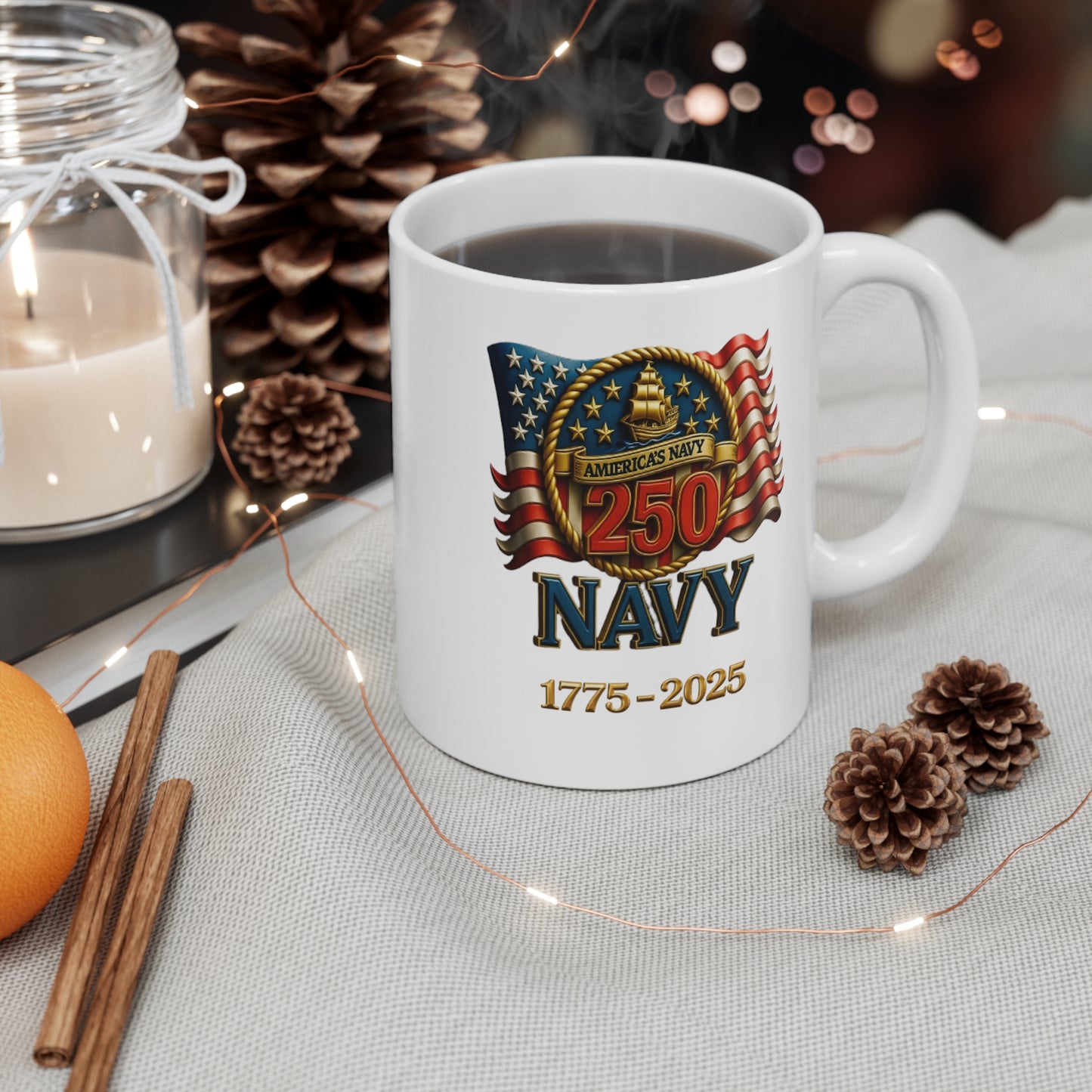 Navy 250th Anniversary 11oz Coffee Mug — "1775–2025" Commemorative US Navy Flag Design