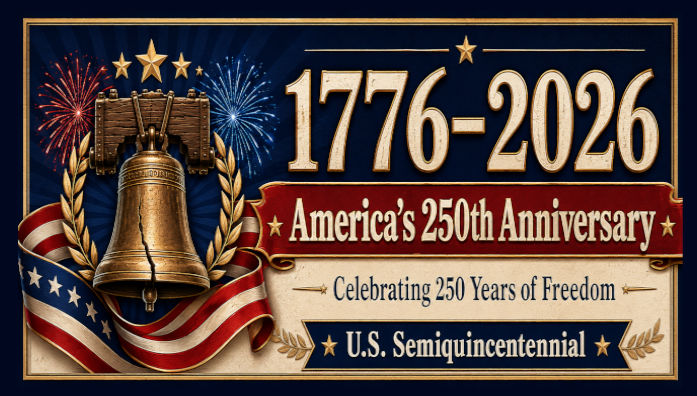 1776–2026 America’s 250th Anniversary artwork with Liberty Bell flag and fireworks