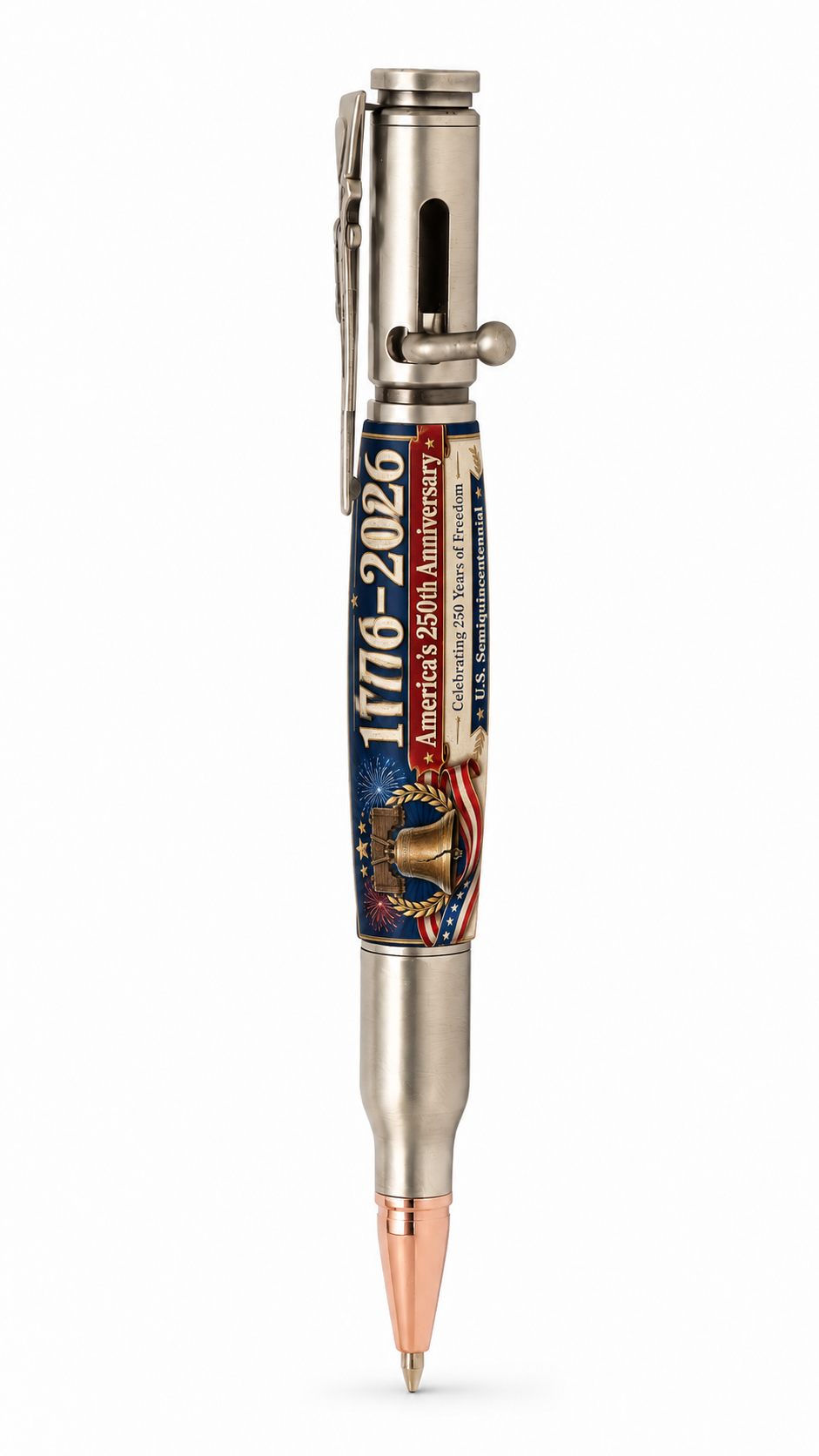 Bolt Action pen mockup with 1776–2026 250th Anniversary Liberty Bell artwork