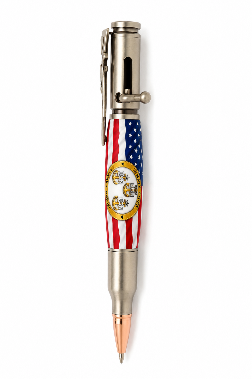 Bolt Action pen mockup with US Navy Chief Petty Officer Old Glory barrel artwork