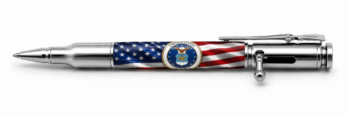 Bolt Action pen mockup with US Air Force Emblem on Old Glory artwork