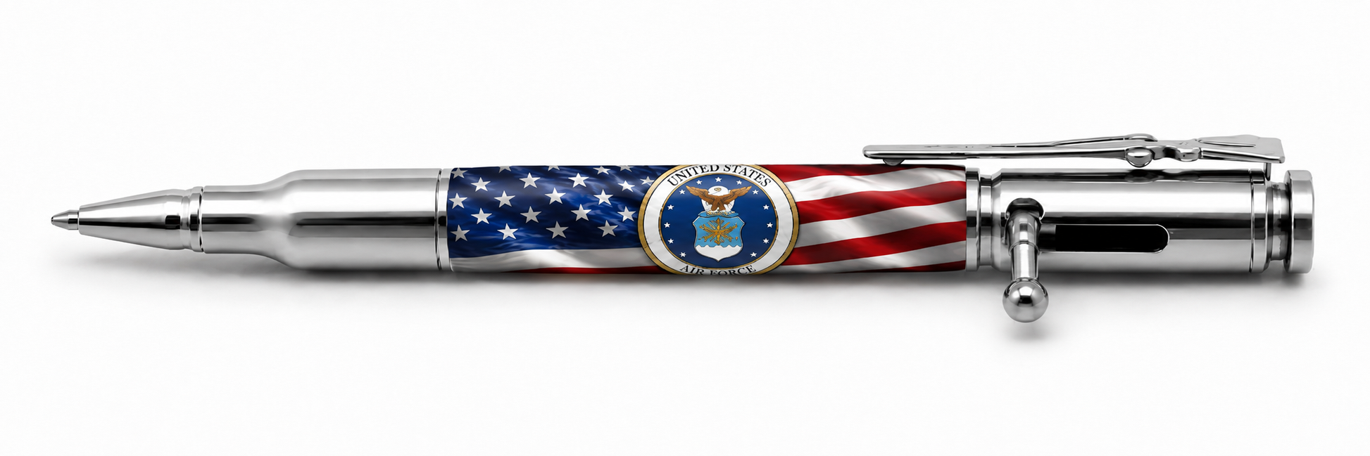 Bolt Action pen mockup with US Air Force Emblem on Old Glory artwork