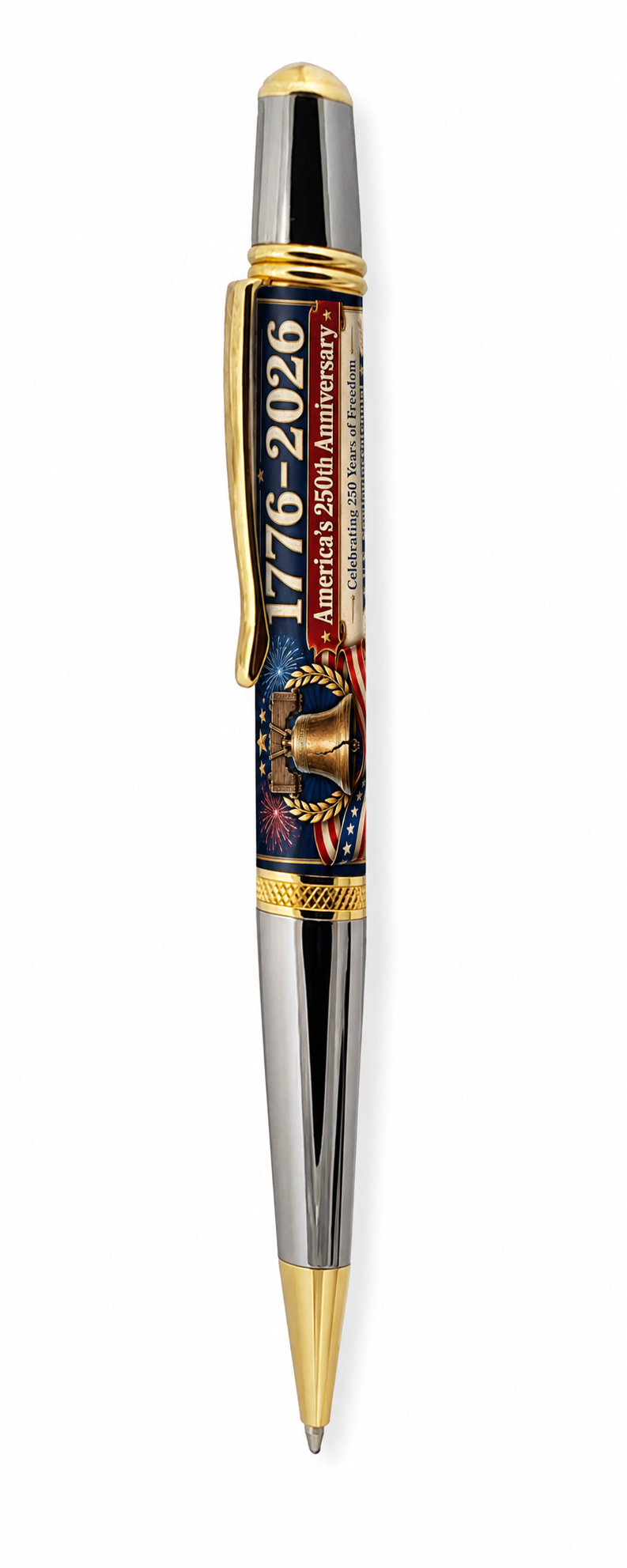 Classic Sierra Twist pen mockup with 1776–2026 250th Anniversary patriotic artwork