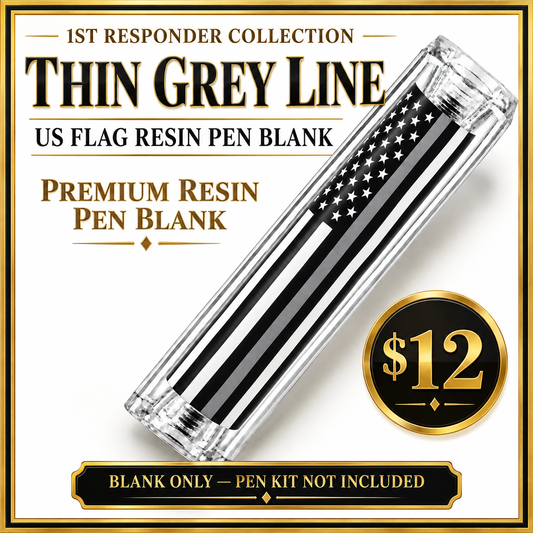 Clear resin Thin Grey Line American flag pen blank on a white background.