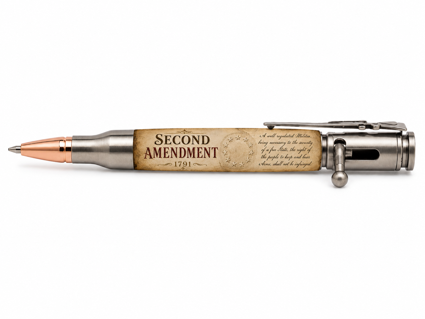 Finished Bolt Action pen shown with 2nd Amendment parchment artwork
