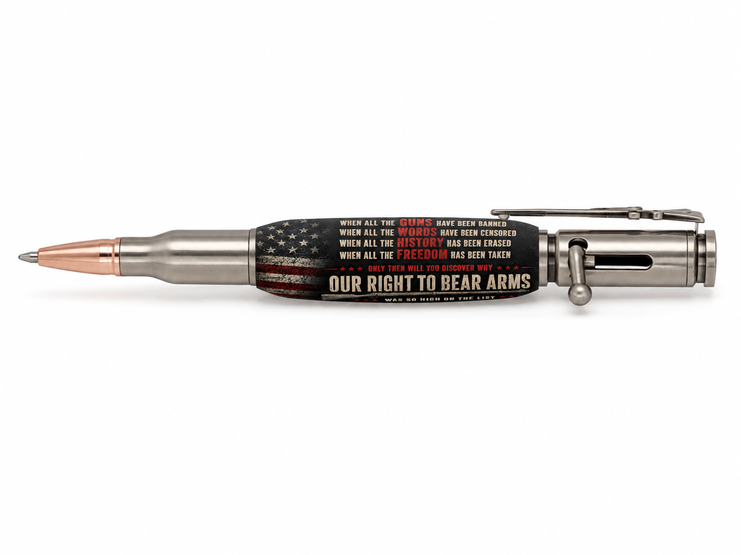 When All Is Gone 2nd Amendment American flag resin blank shown on a Bolt Action pen