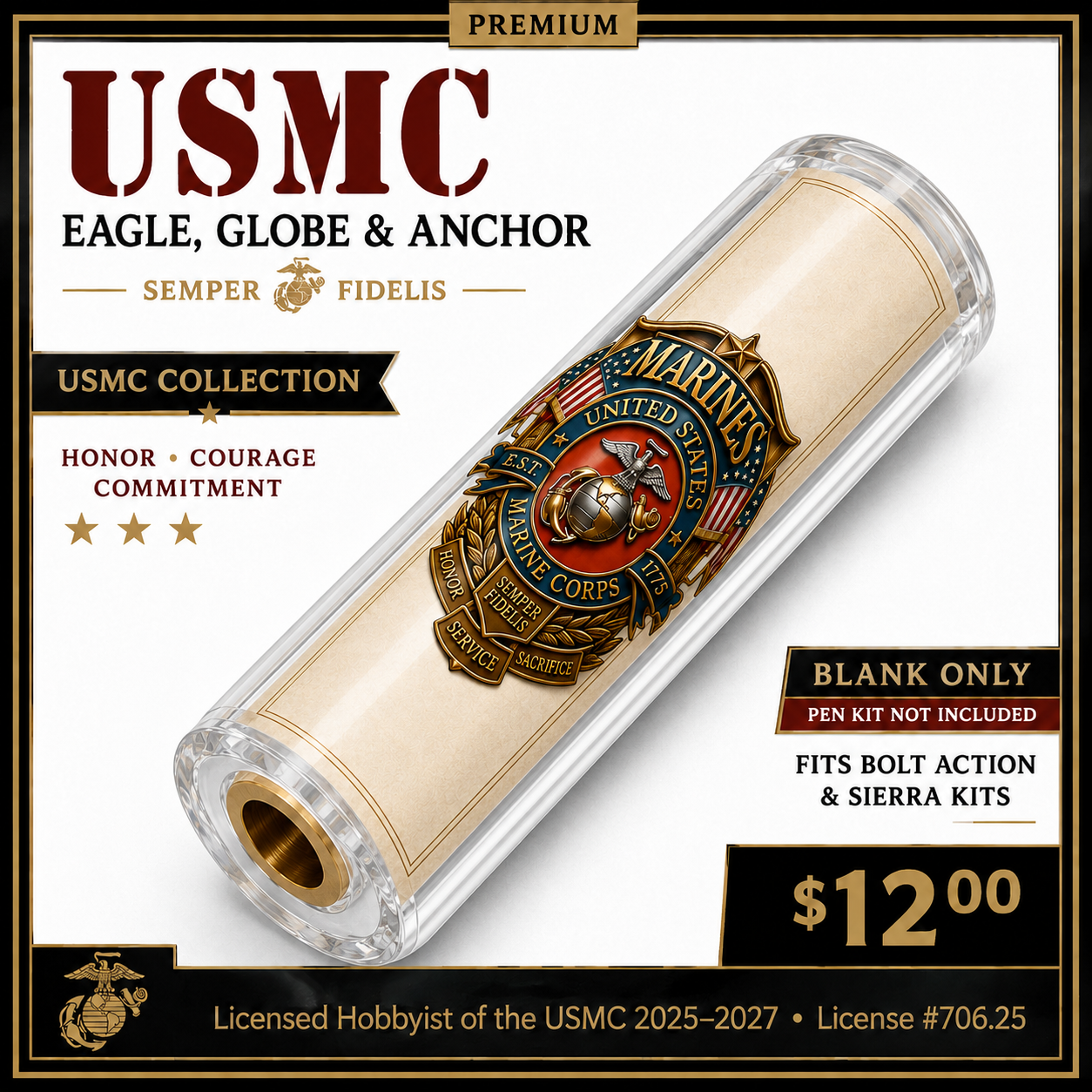 USMC Heritage Emblem and American Flag premium resin pen blank
