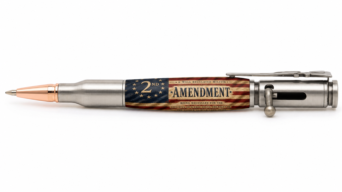 Betsy Ross 2nd Amendment grunge flag resin pen blank shown on Bolt Action pen