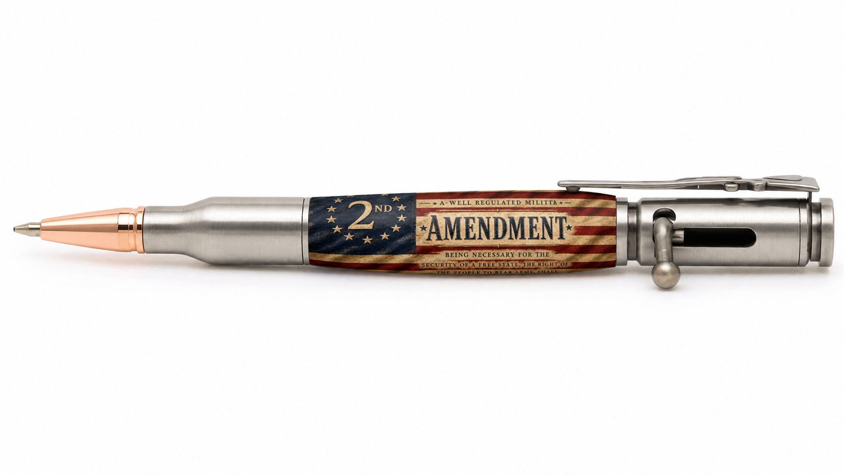 Betsy Ross 2nd Amendment grunge flag resin pen blank shown on Bolt Action pen