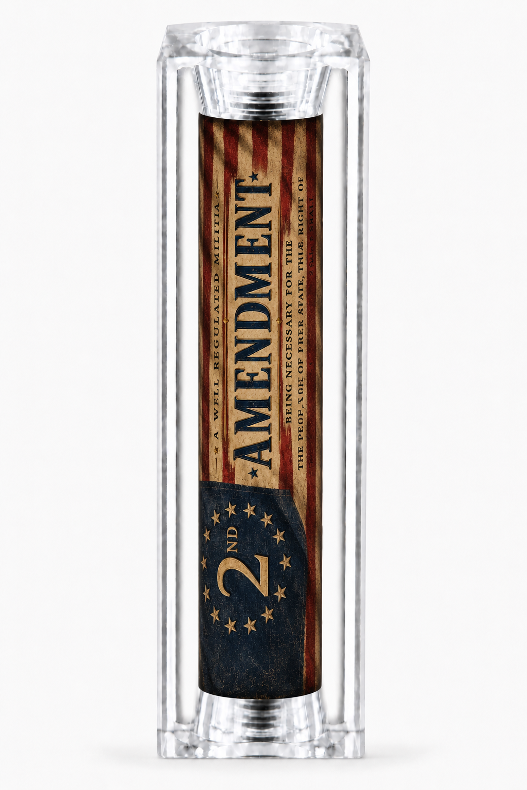 Betsy Ross 13 star flag and 2nd Amendment artwork cast inside clear resin pen blank