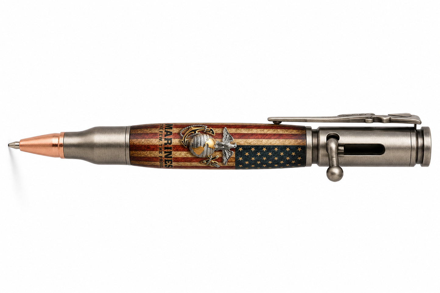 USMC Antique Grunge Flag pen blank on Bolt Action pen with silver Officer Eagle Globe and Anchor