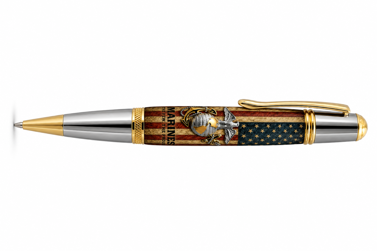 USMC Antique Grunge Flag pen blank on Sierra pen with silver Officer Eagle Globe and Anchor