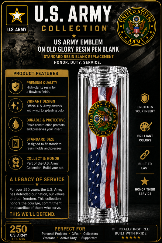 US Army Emblem on Old Glory premium resin pen blank hero card