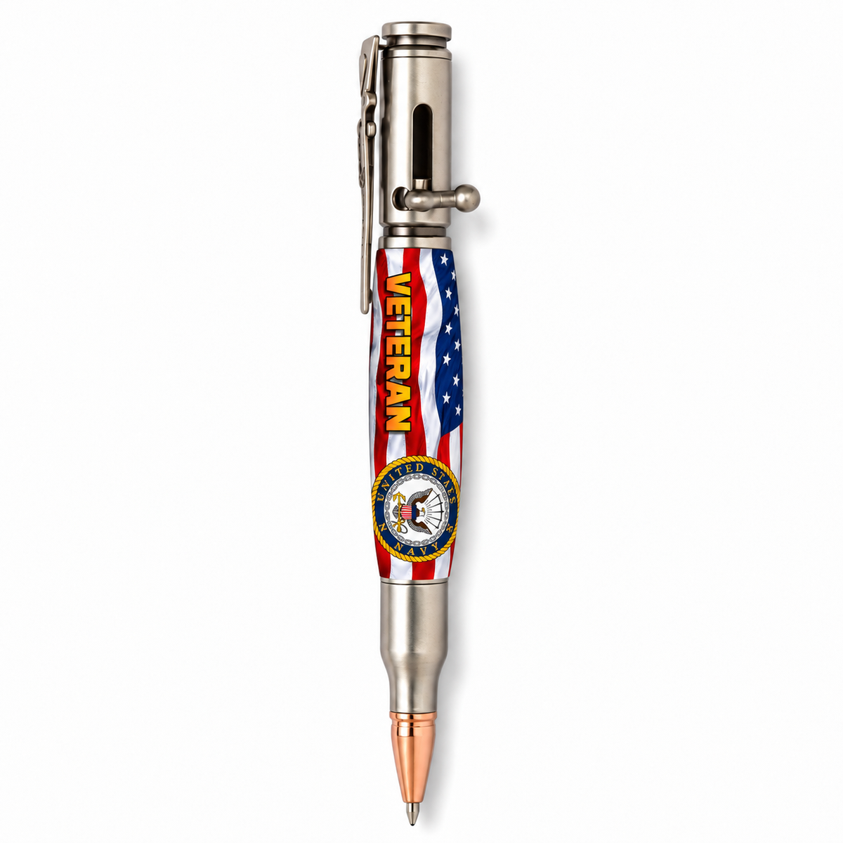 Bolt Action pen mockup featuring the US Navy Honor Veterans Classic American flag and Navy emblem artwork