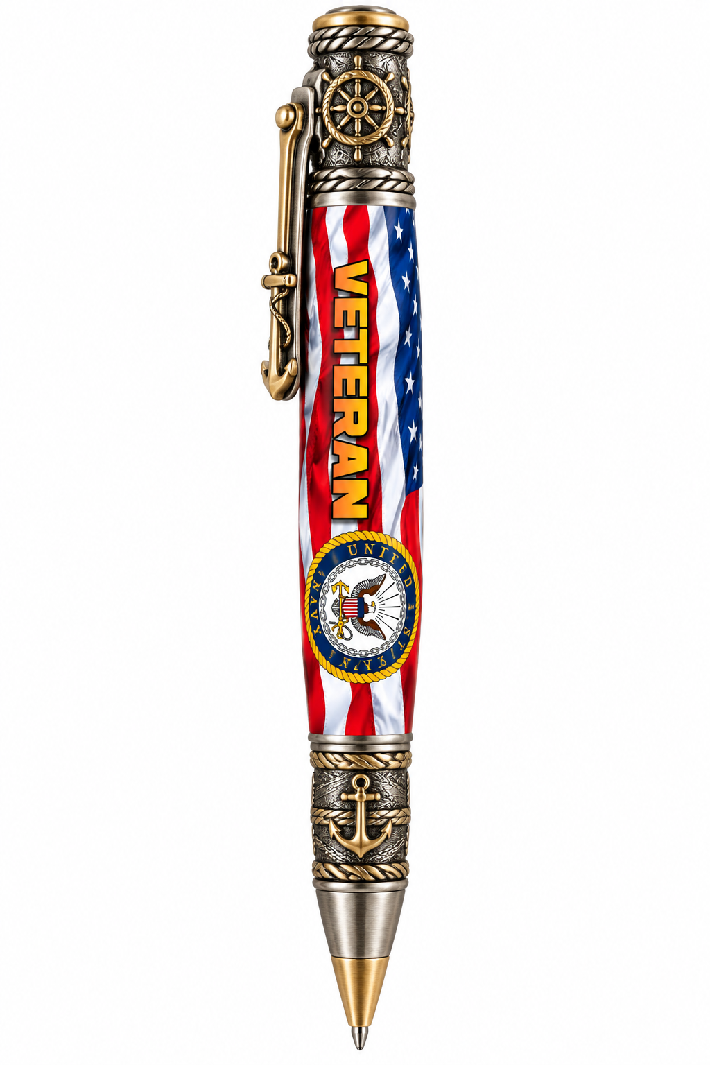 PSI Nautical pen mockup featuring the US Navy Honor Veterans Classic American flag and Navy emblem artwork