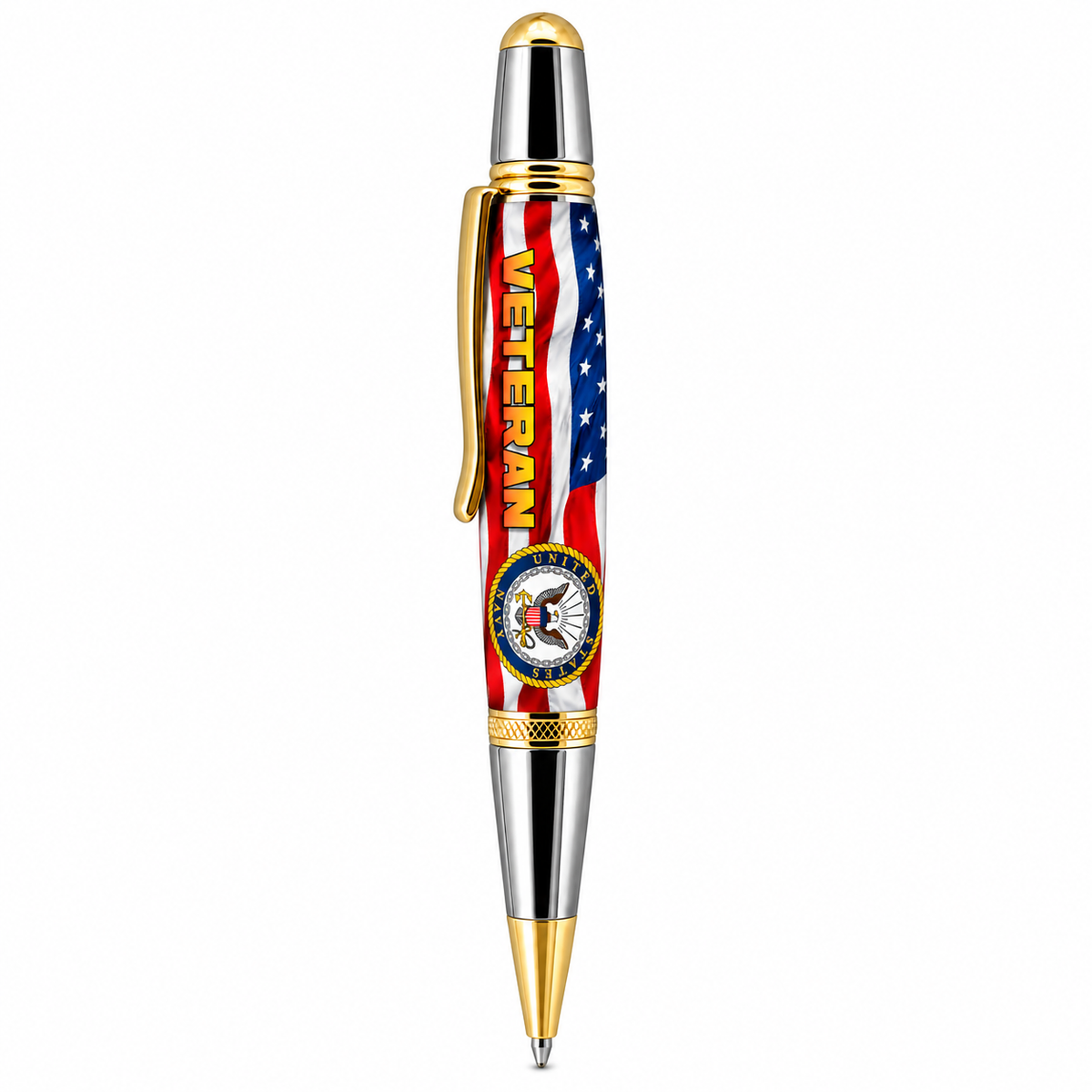 Classic Sierra Twist pen mockup featuring the US Navy Honor Veterans Classic American flag and Navy emblem artwork