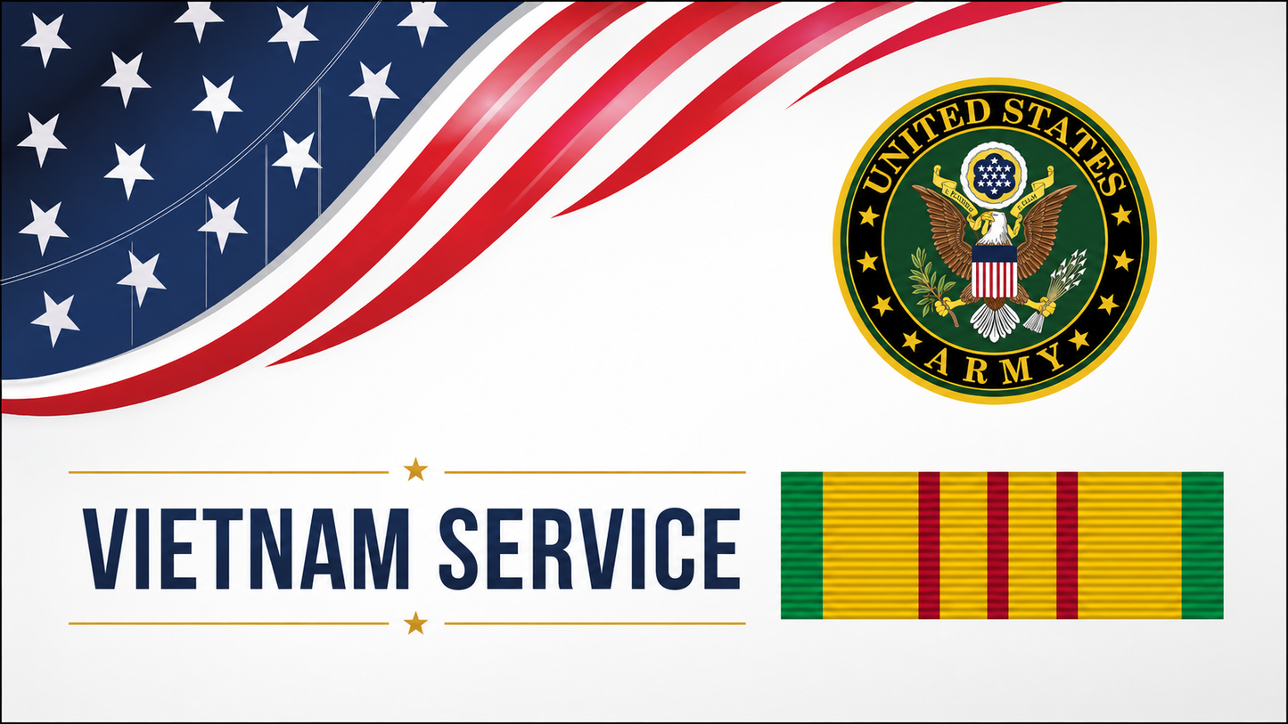 US Army Vietnam Veteran artwork with Army emblem American flag and Vietnam Service ribbon