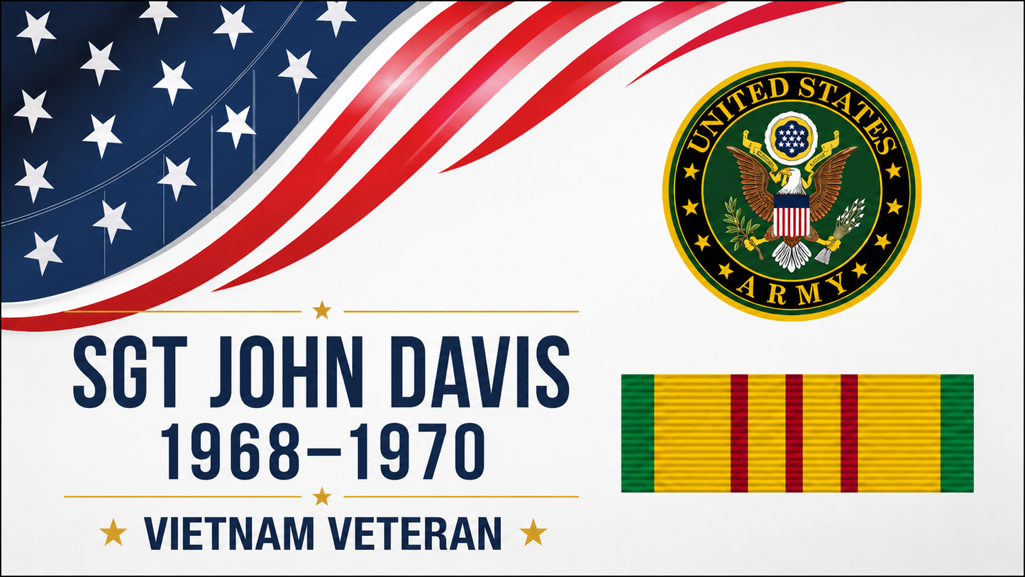 Personalized US Army Vietnam Veteran artwork with rank name years of service Army emblem and ribbon