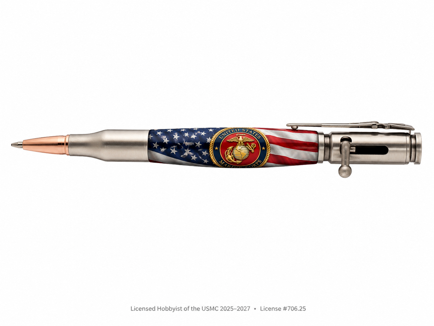 USMC Service Emblem and American Flag design on Bolt Action pen