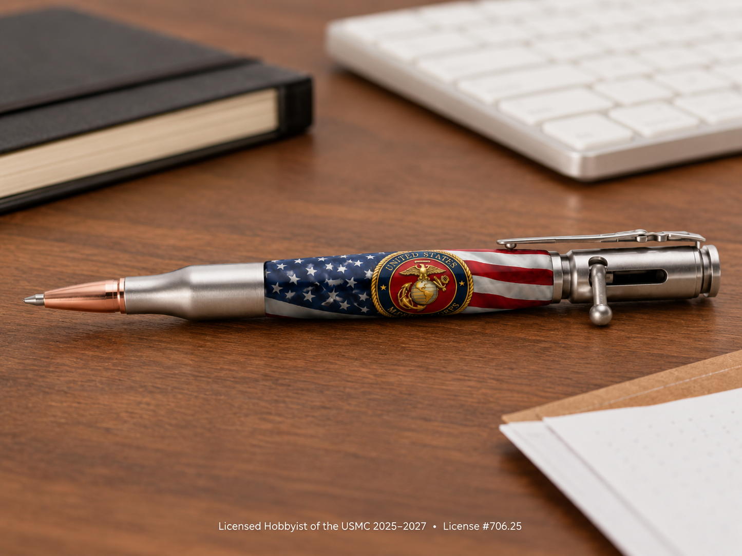 USMC Service Emblem American Flag Bolt Action tribute pen displayed on desktop