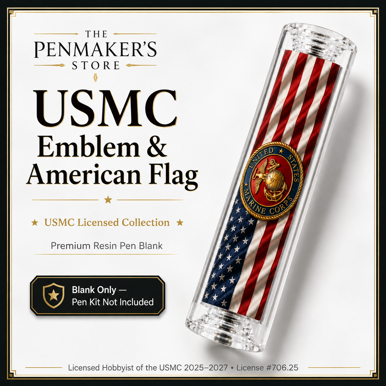 USMC Service Emblem and American Flag premium resin pen blank for Bolt Action and Classic Sierra Twist pen kits