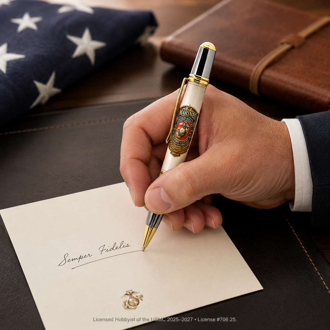 USMC Heritage Emblem and American Flag Classic Sierra tribute pen held in hand