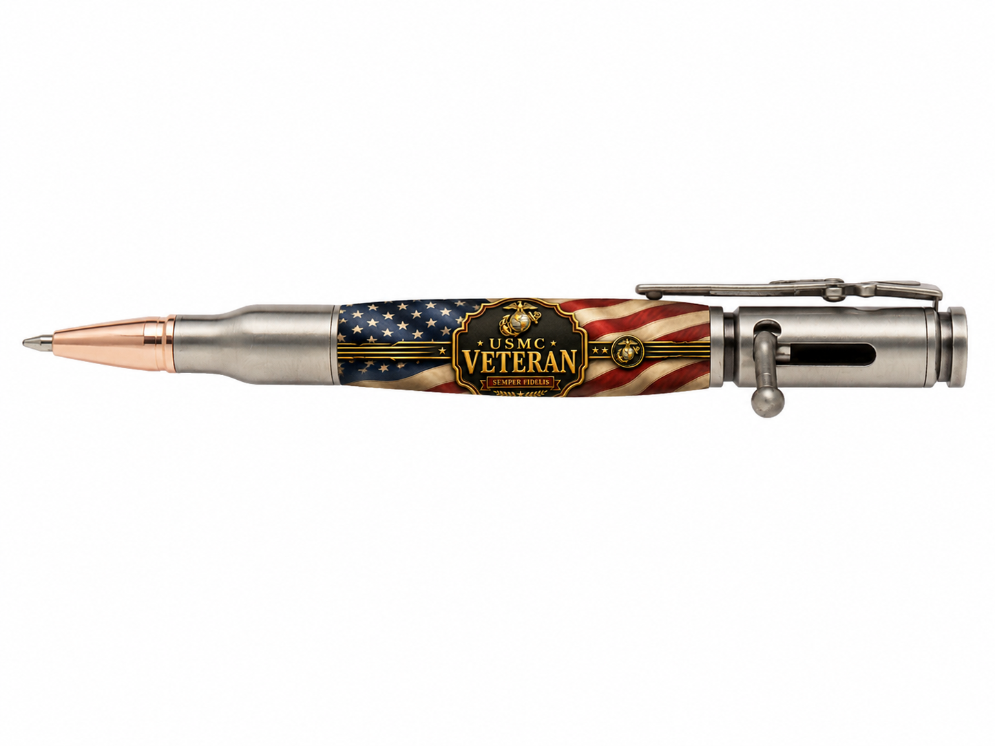 USMC Veteran Old Glory personalized Bolt Action pen featuring Eagle Globe and Anchor, American flag and Semper Fidelis