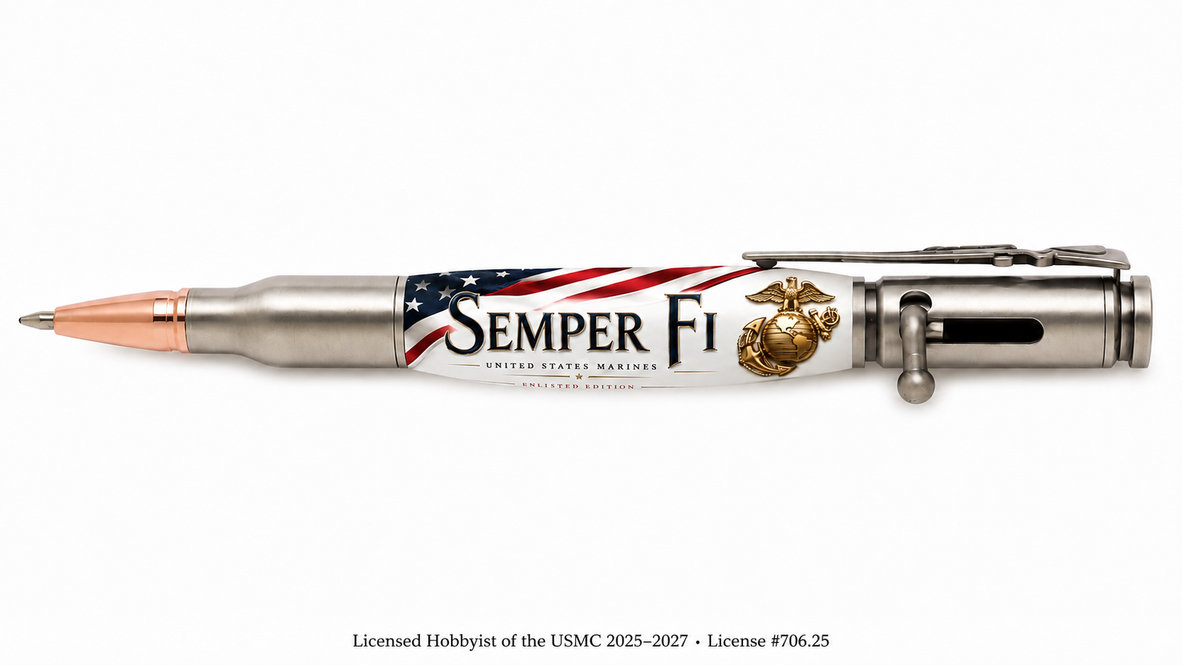 USMC Semper Fi Enlisted Edition design on Bolt Action pen with gold Eagle Globe and Anchor