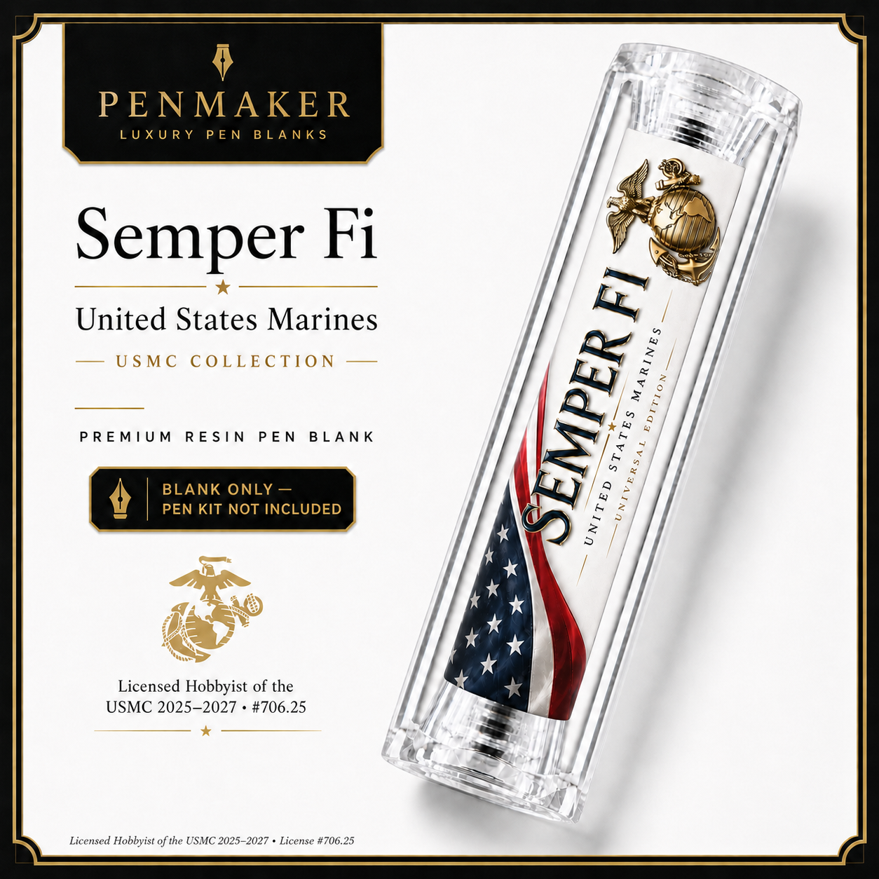 USMC Semper Fi premium resin pen blank hero card for Bolt Action and Classic Sierra Twist pen kits