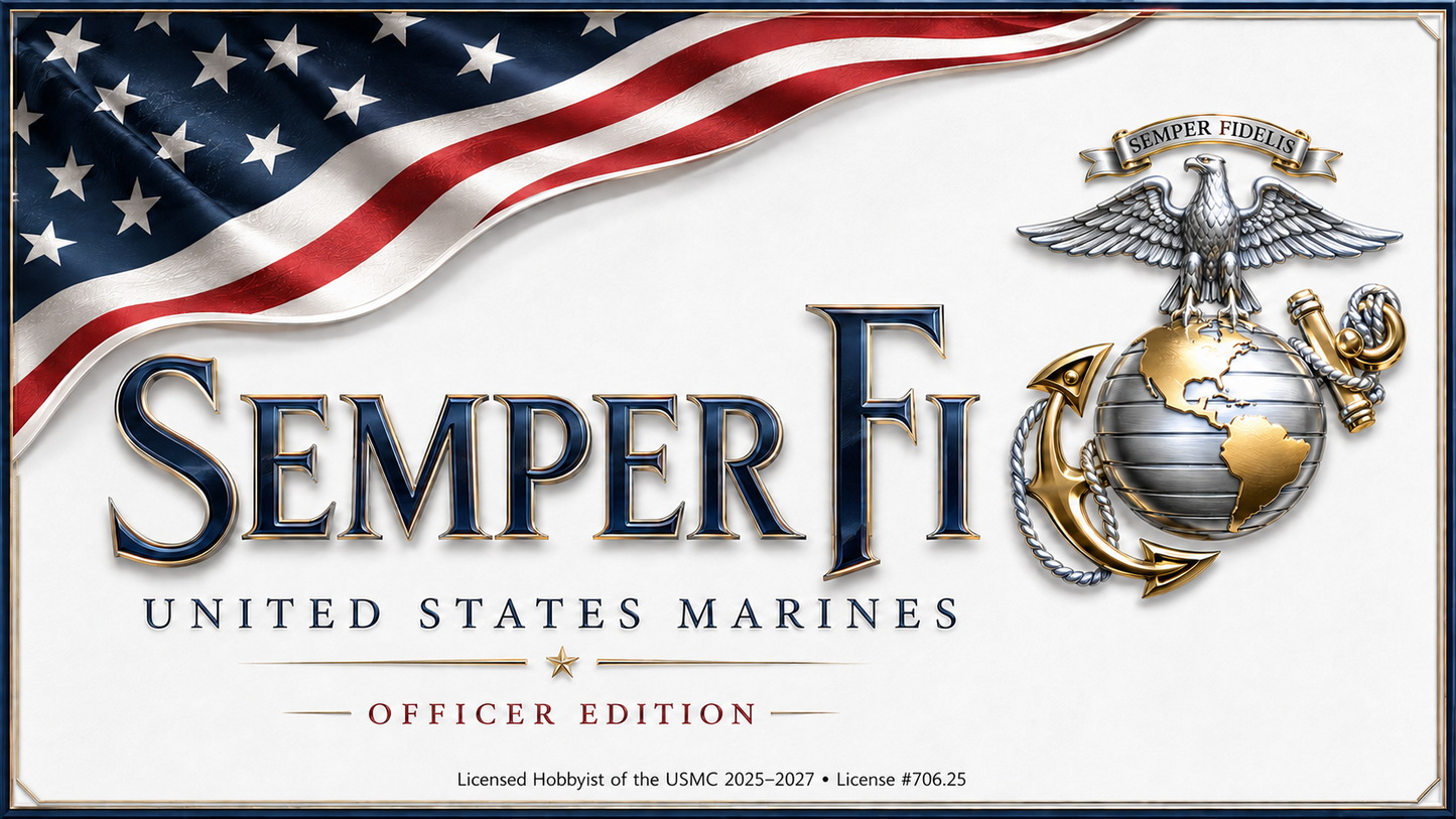 USMC Semper Fi Officer Edition artwork with American flag and silver and gold Eagle Globe and Anchor
