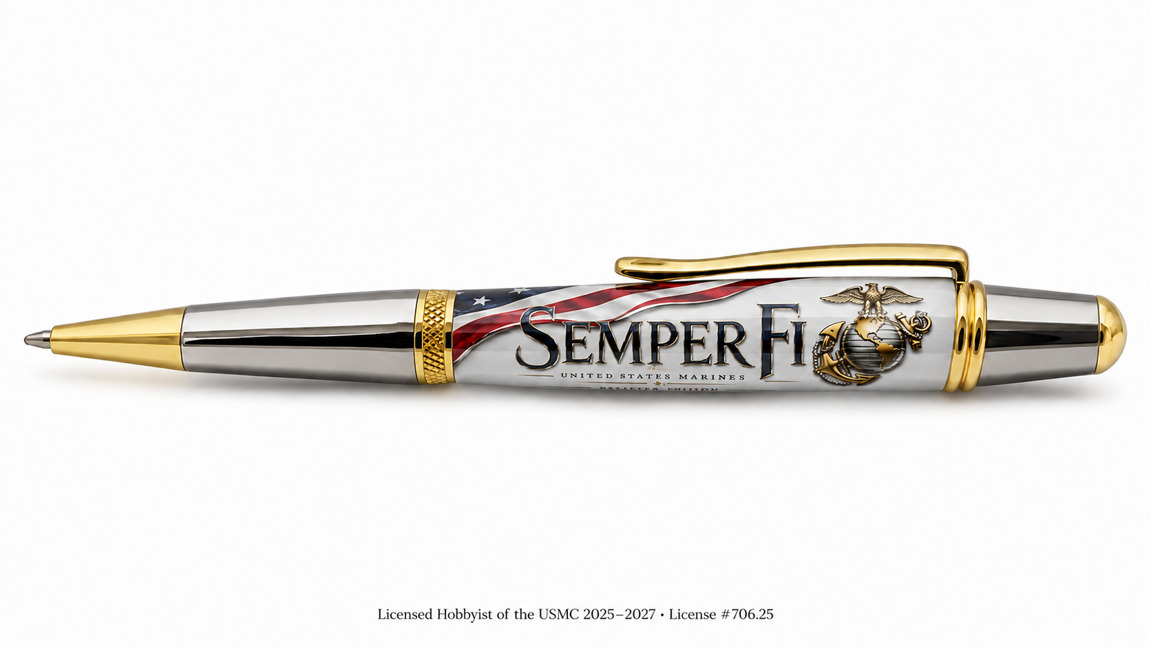 USMC Semper Fi Officer Edition design on Classic Sierra Twist pen with silver and gold Eagle Globe and Anchor