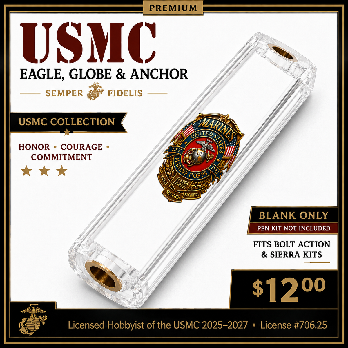 USMC Heritage Emblem & American Flag Resin Pen Blank