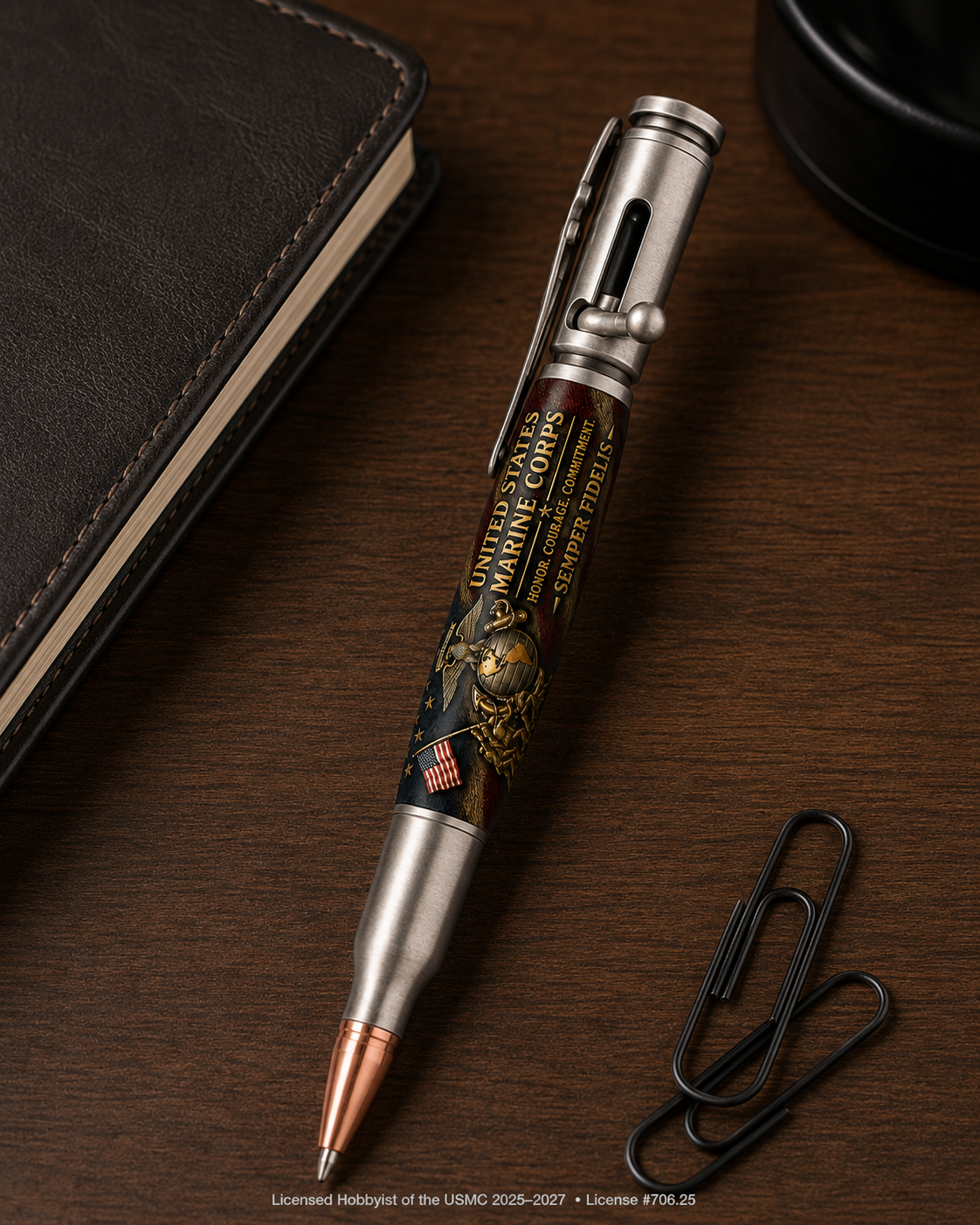 Finished USMC Marine Corps tribute pen featuring licensed resin artwork