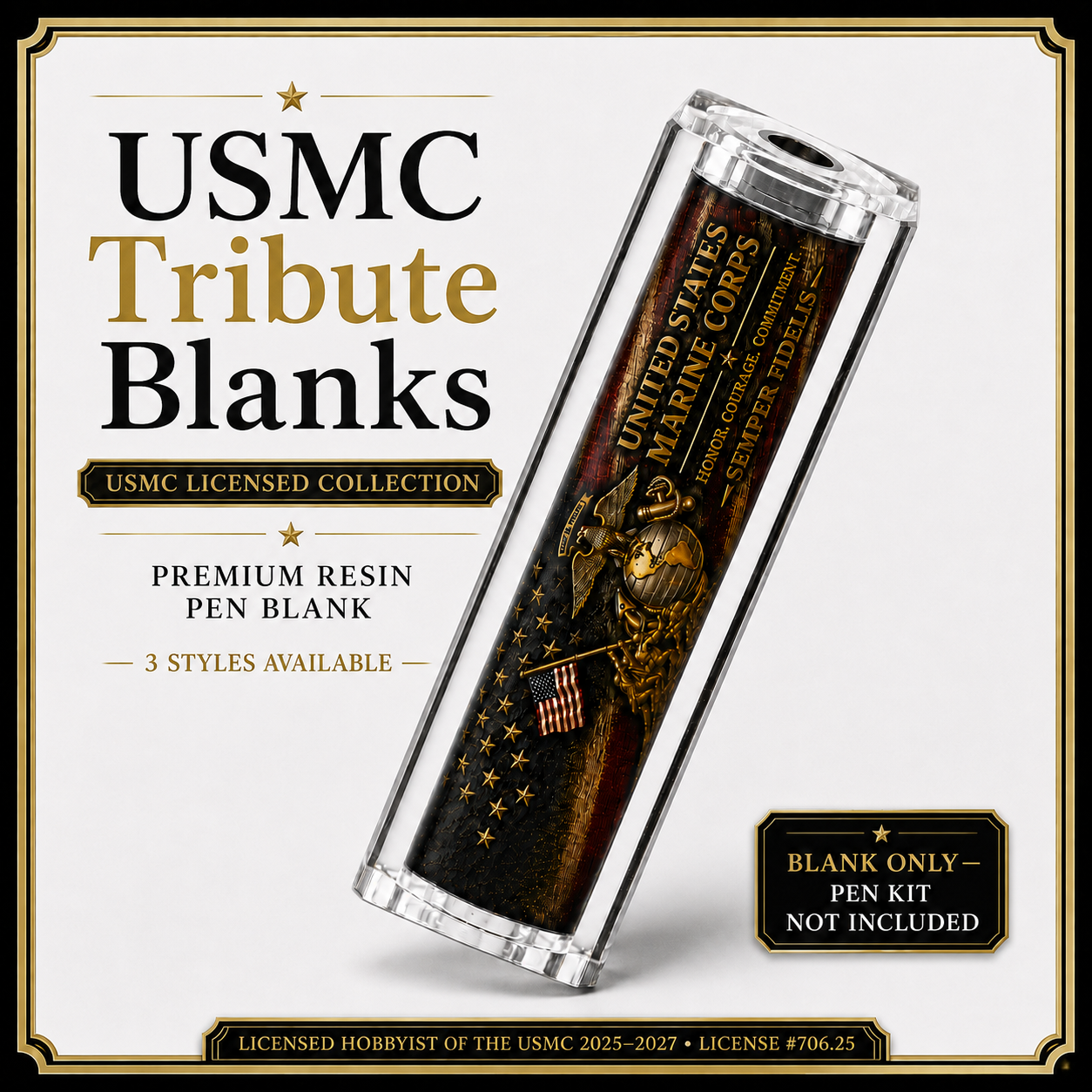 USMC Tribute Resin Pen Blanks – 3 Marine Corps Designs for Bolt Action and Classic Sierra pen kits