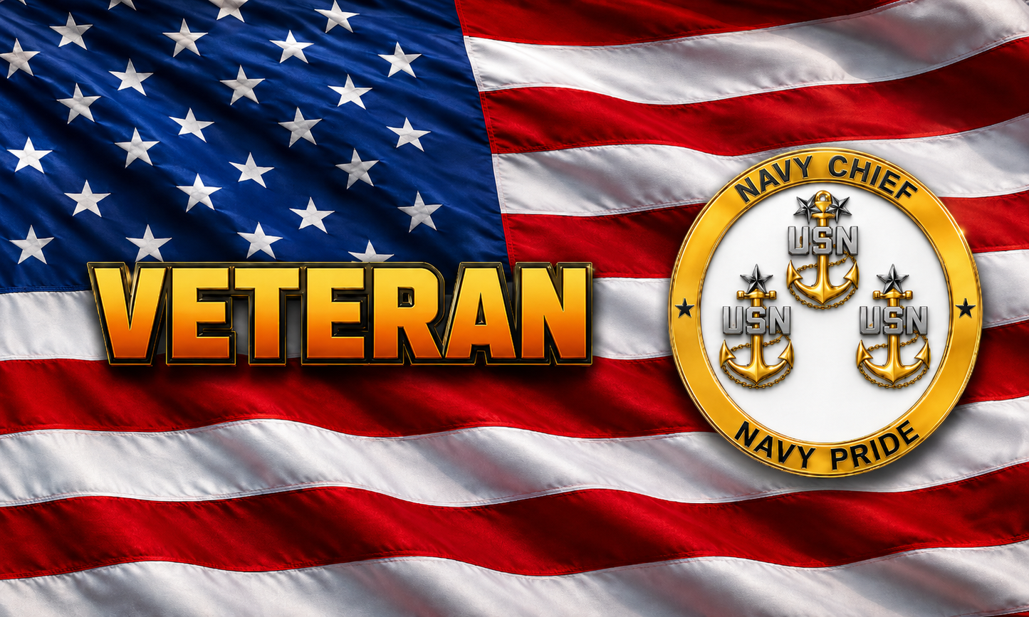 US Navy Chief Petty Officer Veteran Old Glory label artwork with Navy Chief Navy Pride emblem