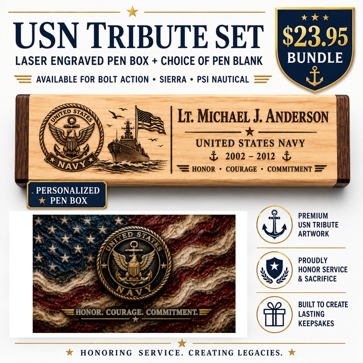 USN Tribute Set with personalized pen box and engraved artwork, featuring the United States Navy emblem and text.