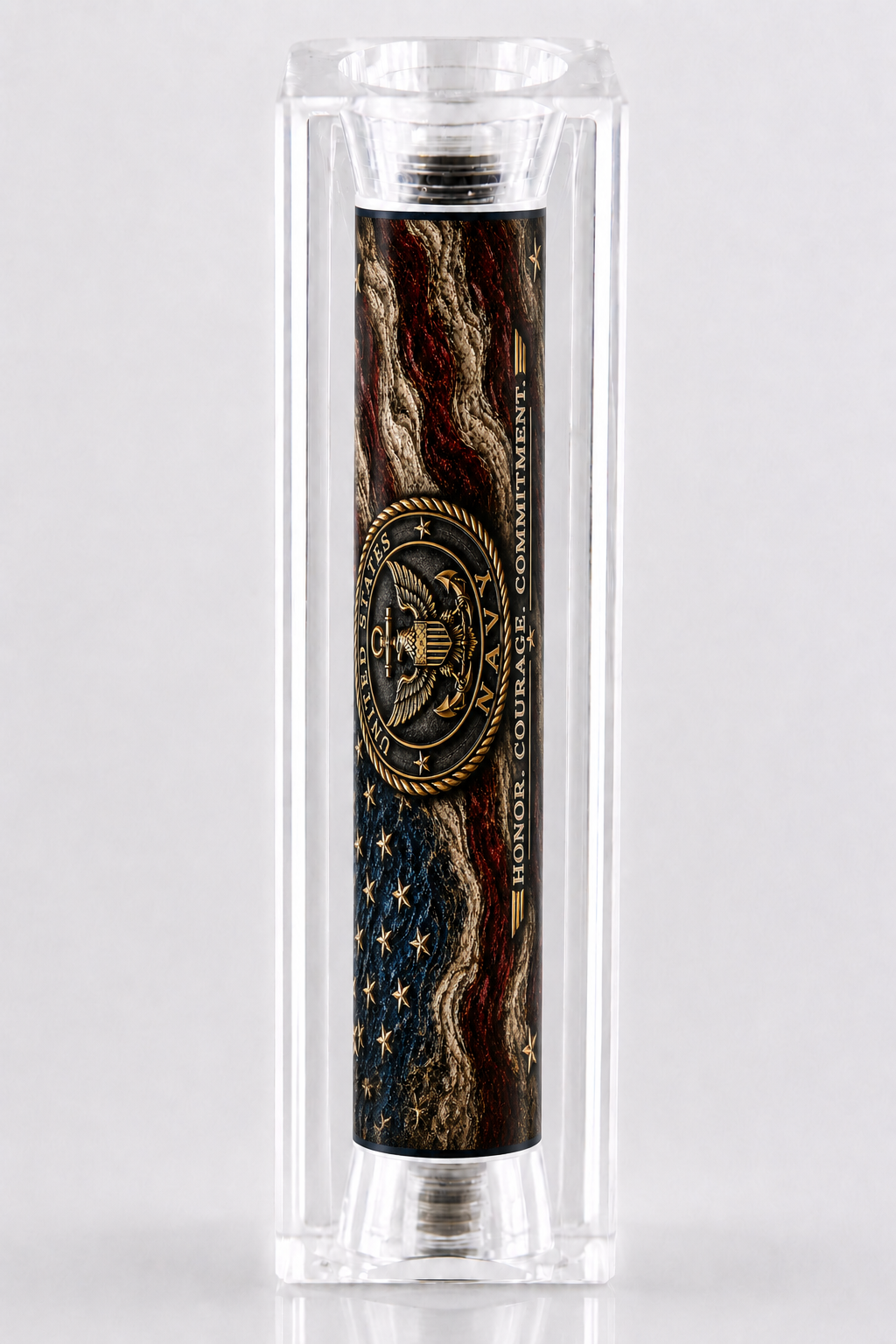 USN Honor Courage Commitment resin pen blank with distressed Old Glory and Navy emblem