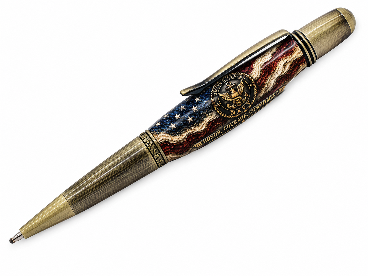 A luxury ballpoint pen with a glossy antique bronze plating, featuring a tribute to US Navy service members
