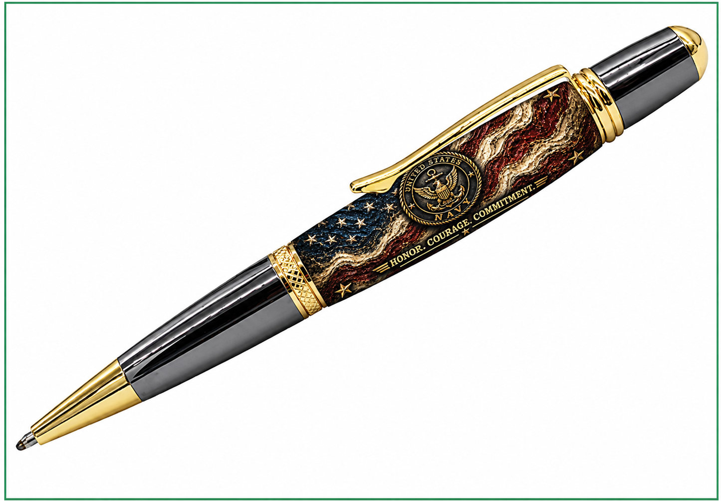 A luxury ballpoint pen with a glossy black titanium and gold plating, featuring a tribute to US Navy service members