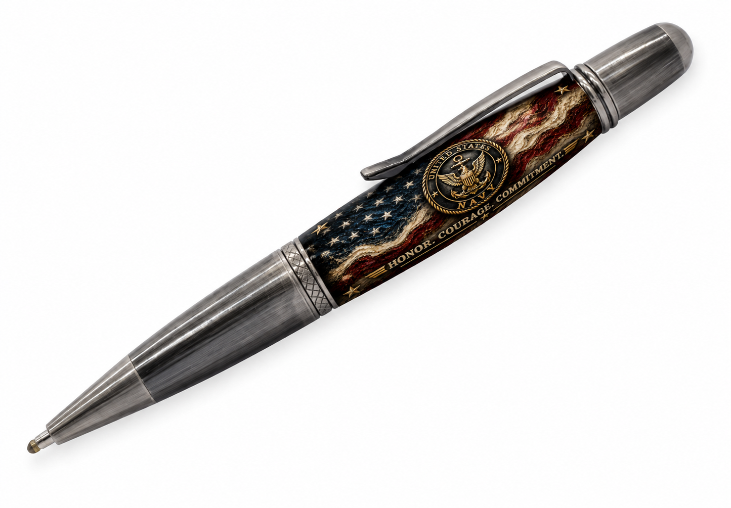 A luxury ballpoint pen with a glossy antique gunmetal plating, featuring a tribute to US Navy service members
