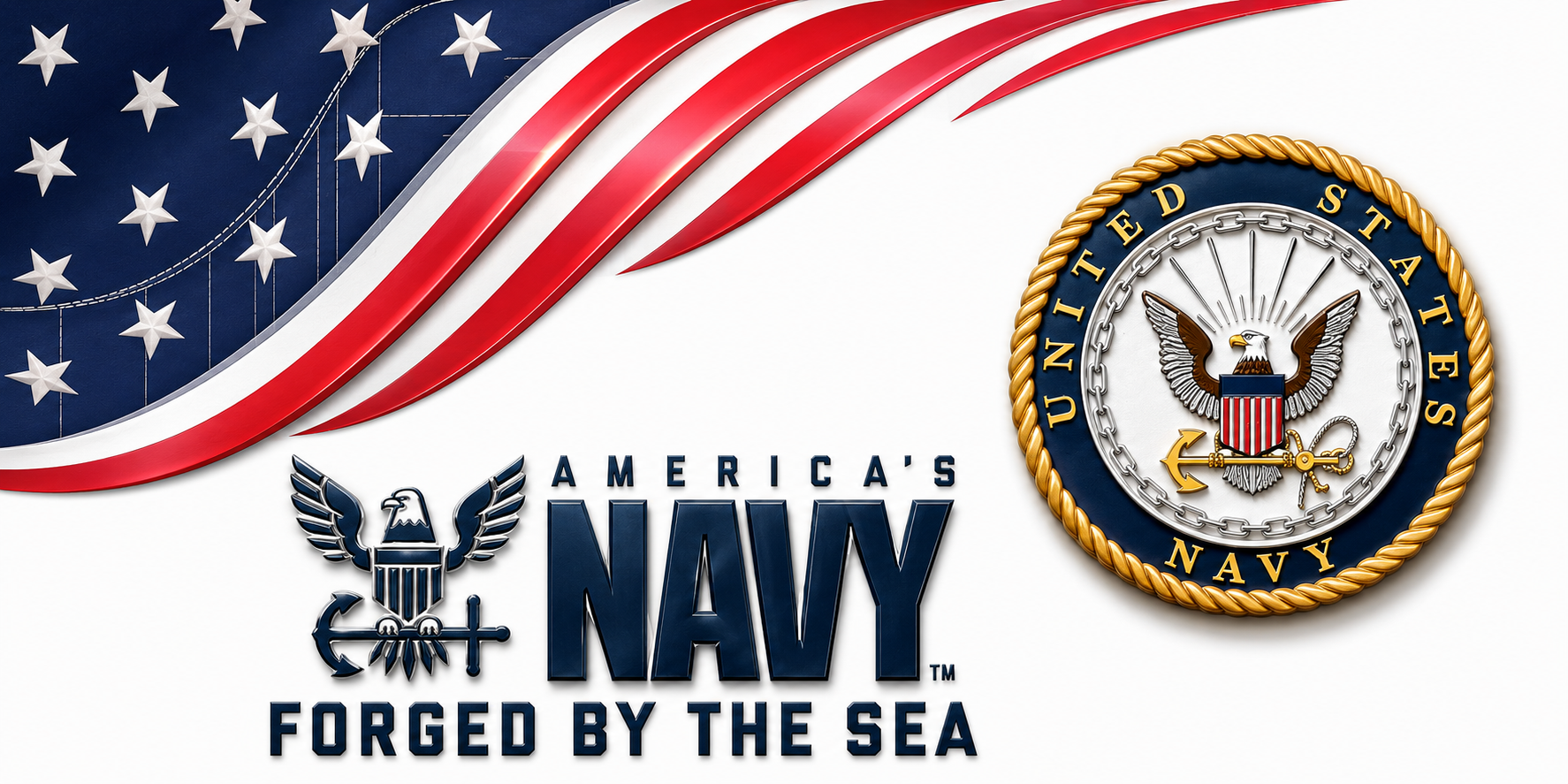US Navy Forged by the Sea flat artwork with Navy seal, American flag and America’s Navy slogan