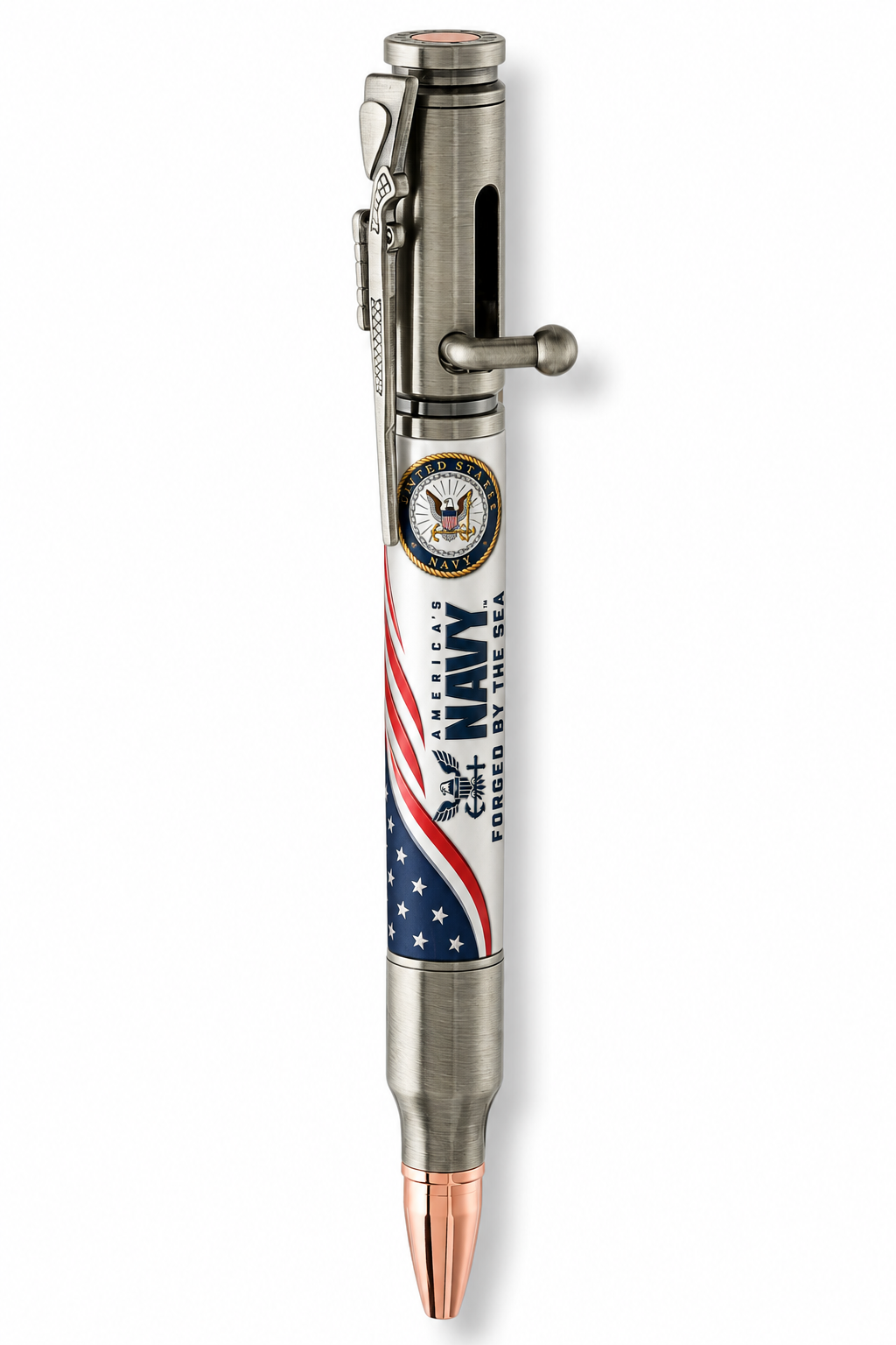Antique pewter Bolt Action pen mockup with US Navy Forged by the Sea patriotic barrel design
