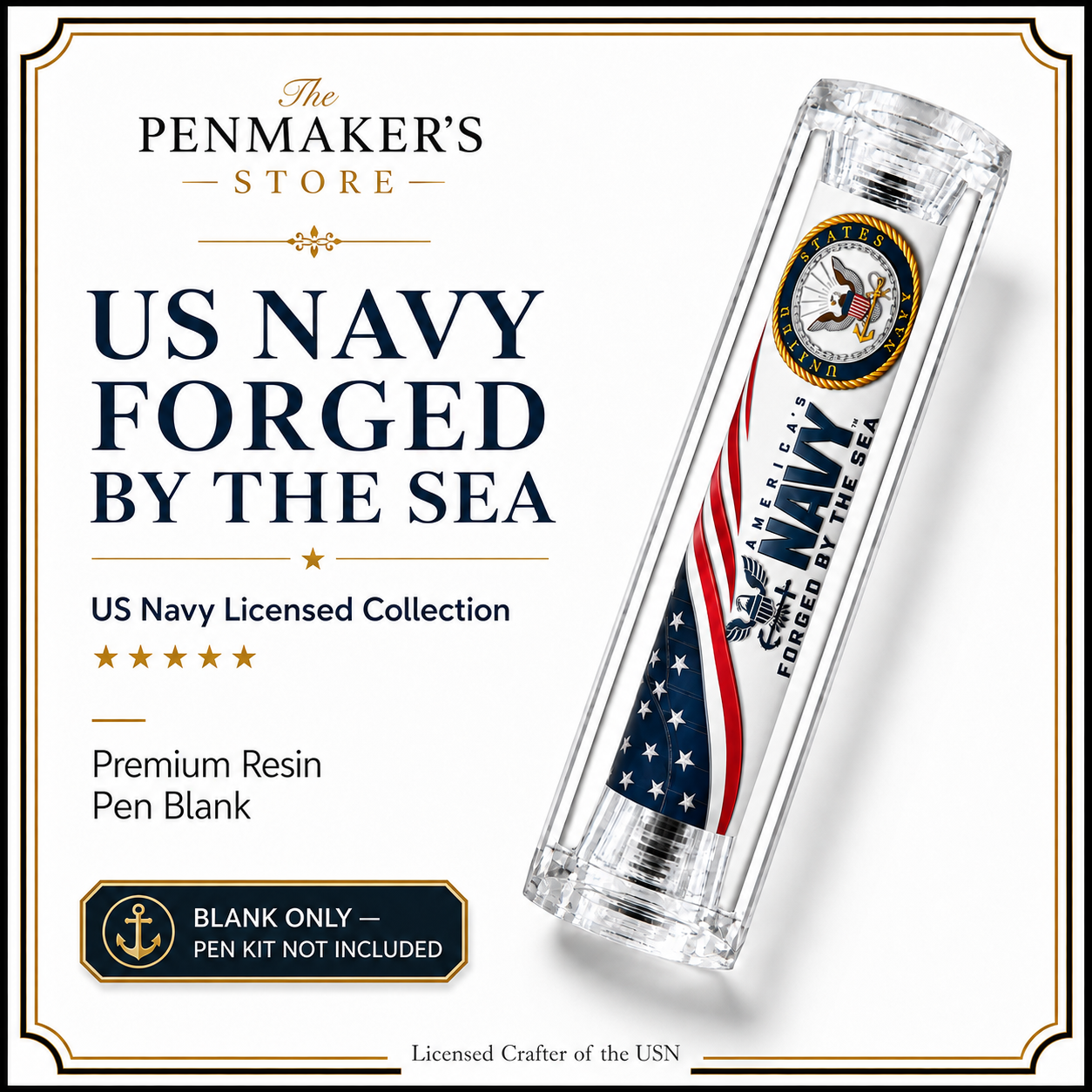 US Navy Forged by the Sea premium resin pen blank hero card with Navy seal and American flag design