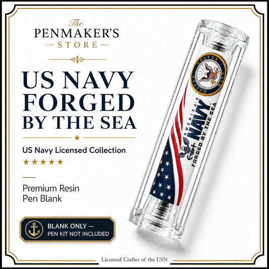US Navy Forged by the Sea premium resin pen blank hero card with Navy seal and American flag design