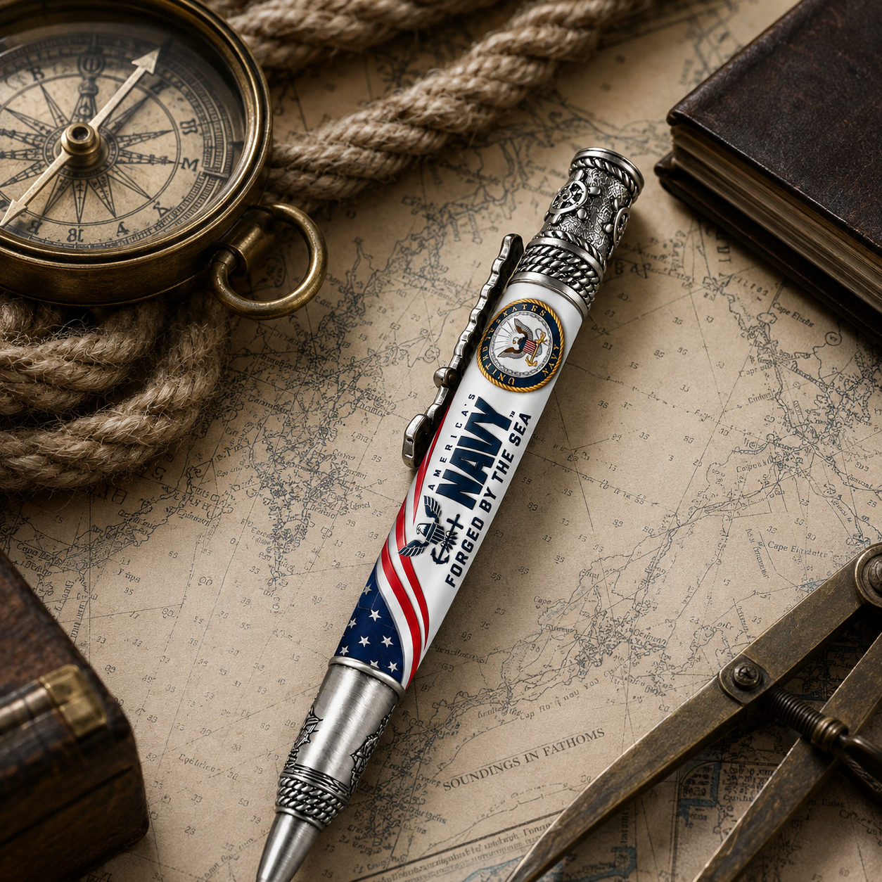 US Navy Forged by the Sea PSI Nautical pen displayed on nautical chart with compass and rope