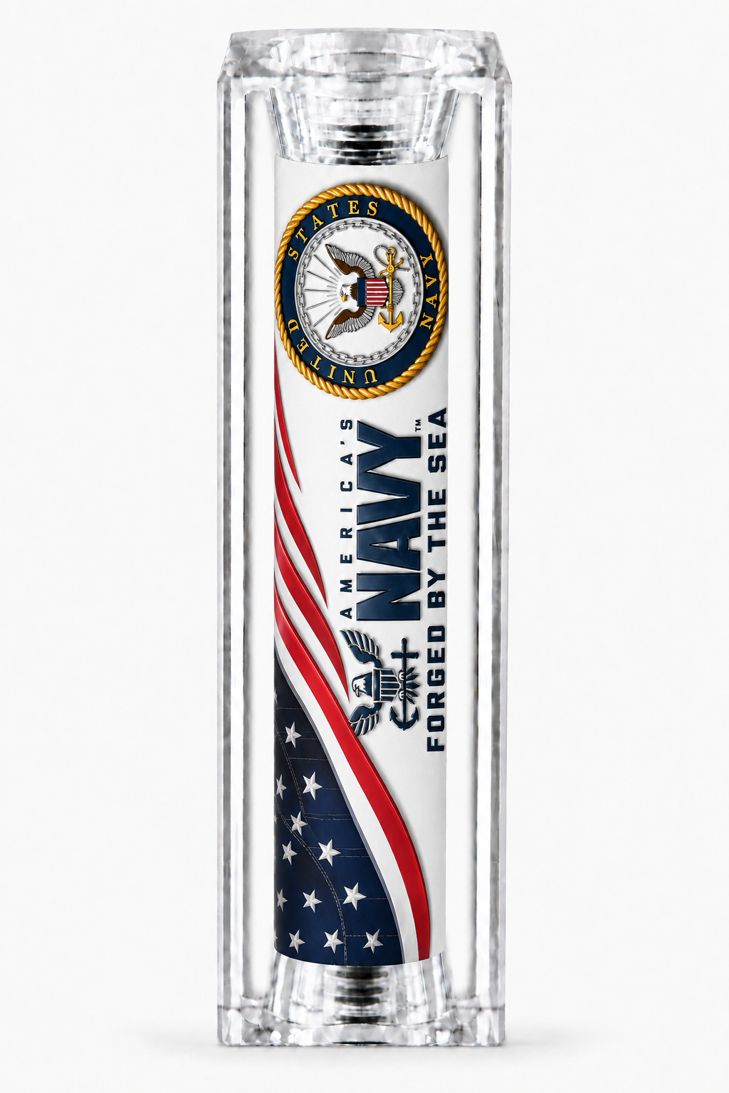 US Navy Forged by the Sea clear resin pen blank with Navy seal and patriotic flag artwork