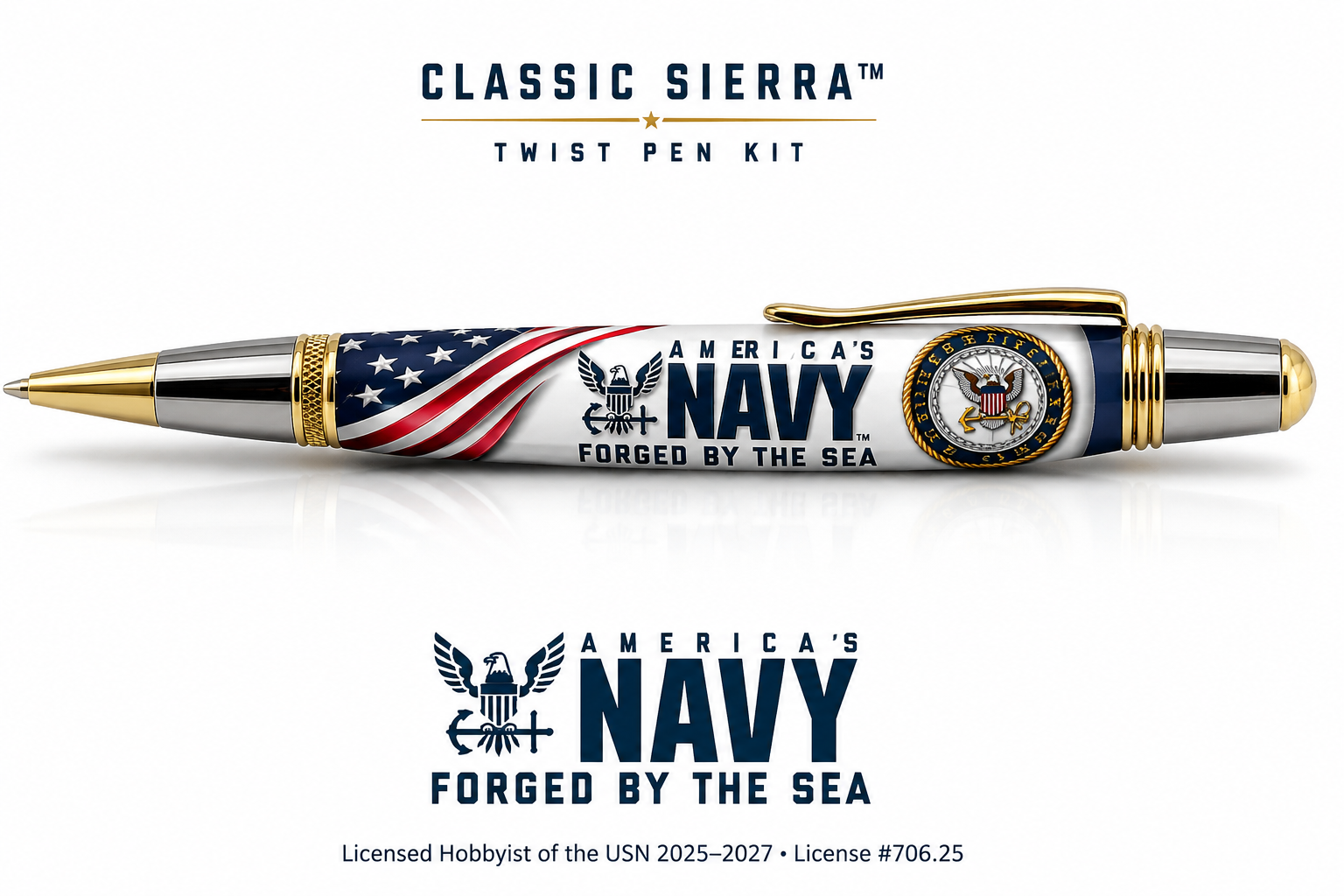 Classic Sierra twist pen mockup with US Navy Forged by the Sea Navy seal and American flag artwork